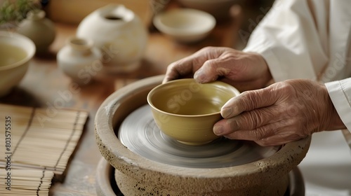 Ceramic Artisan Shaping Traditional Japanese Tea Bowl on Pottery Wheel