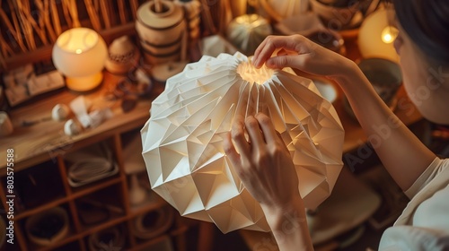 Meticulous Skilled Hands Assembling a Traditional Japanese Paper Lantern photo