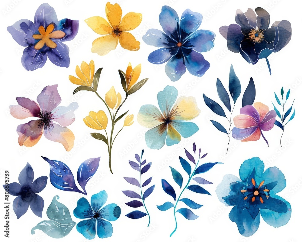 Fototapeta premium The image is a set of watercolor floral elements