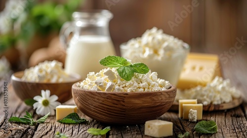 Set of various fresh dairy products at wooden table isolated on vintage wooden background