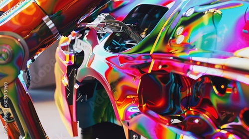 Painting robots applying finish to car bodies, close-up, vibrant color spray, detailed precision