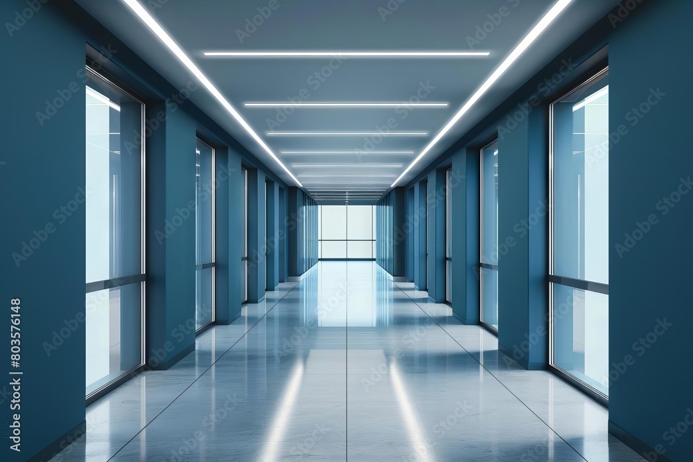 sleek blue office corridor with loftstyle windows and continuous ceiling lights 3d illustration sleek blue office corridor with loftstyle windows and continuous ceiling lights 3d illustration