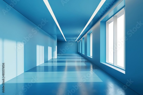 sleek blue office corridor with loftstyle windows and continuous ceiling lights 3d illustration