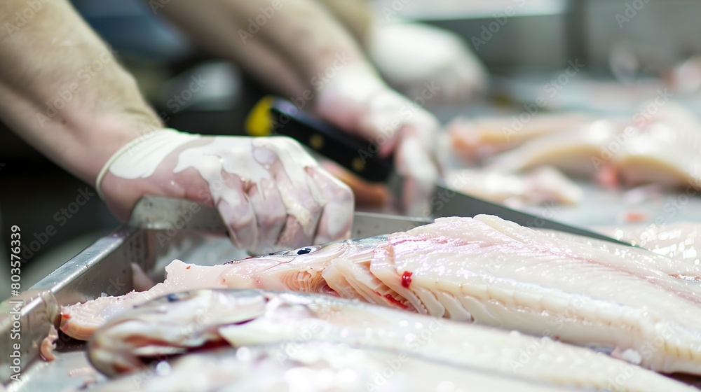 Fish filleting in a food factory, close-up, detailed knife work, clean cuts 