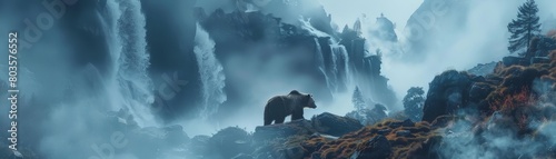 The image shows a large brown bear standing on a rock in the middle of a river photo