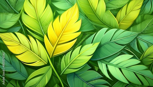  A pattern of overlapping sharp leaves in a dense jungle, painted in vibrant greens