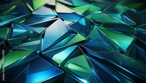  A shattered mirror effect with sharp pieces reflecting different shades of blue and green
