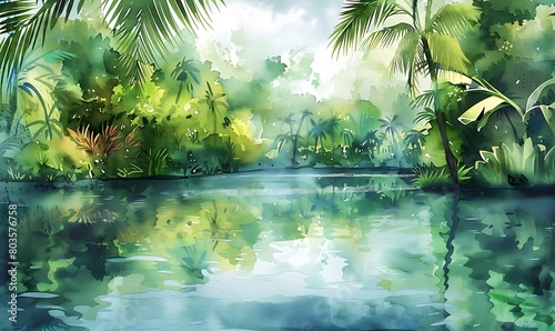 Watercolor illustration of a lush nature reserve by the water.