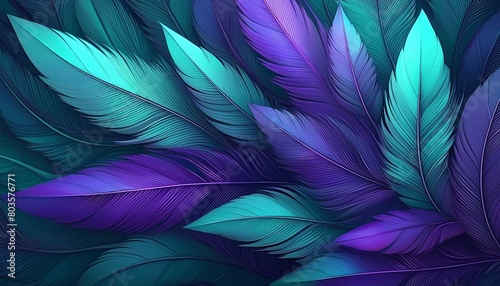  Sharp abstract feathers fanning out in a dramatic display, colored in a gradient from teal  photo
