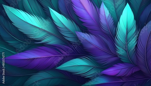  Sharp abstract feathers fanning out in a dramatic display, colored in a gradient from teal 