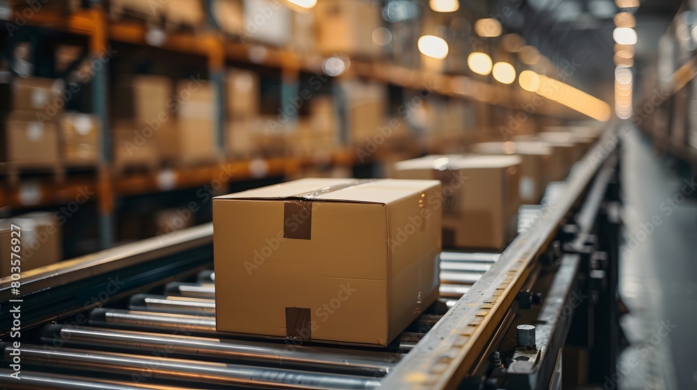 Cardboard boxes moving on a conveyor belt in a warehouse