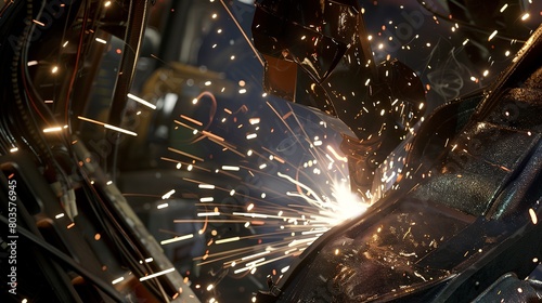 Welding large structural components, close-up, detailed sparks and protective gear 
