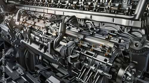 Assembly of a large diesel engine, close-up, detailed components and tools