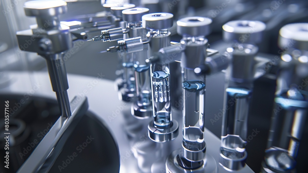 Automated syringe filling line, close-up, precise mechanical movements, sterile environment 