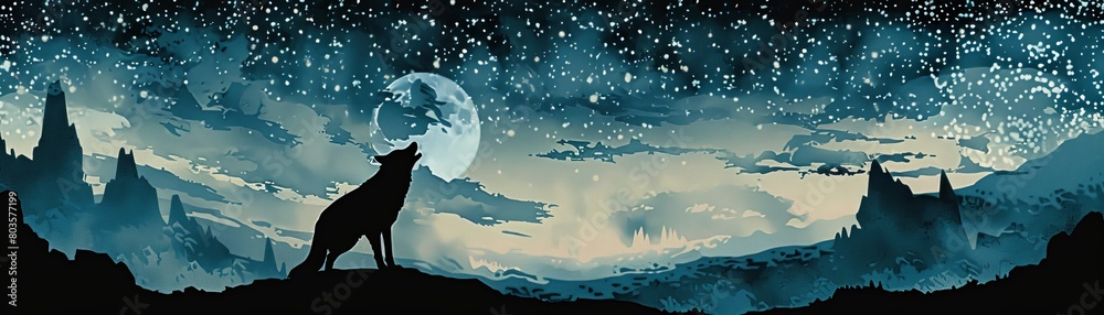 Fototapeta premium The wolf howls at the moon in the starry night.