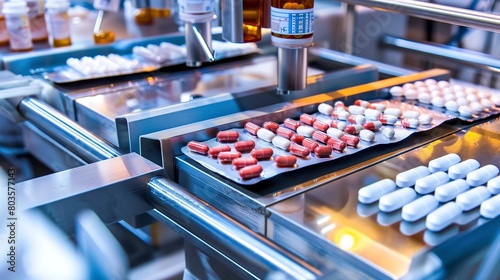 Close-up of pills being encapsulated in a pharmaceutical factory, detailed machinery and precise dosage  photo