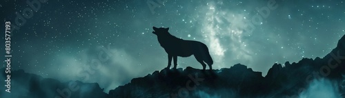 The wolf howls at the moon. The scene is set in a beautiful winter landscape.