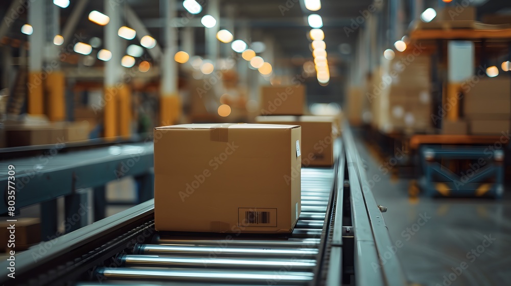 Cardboard boxes moving on a conveyor belt in a warehouse Cardboard boxes moving on a conveyor belt in a warehouse