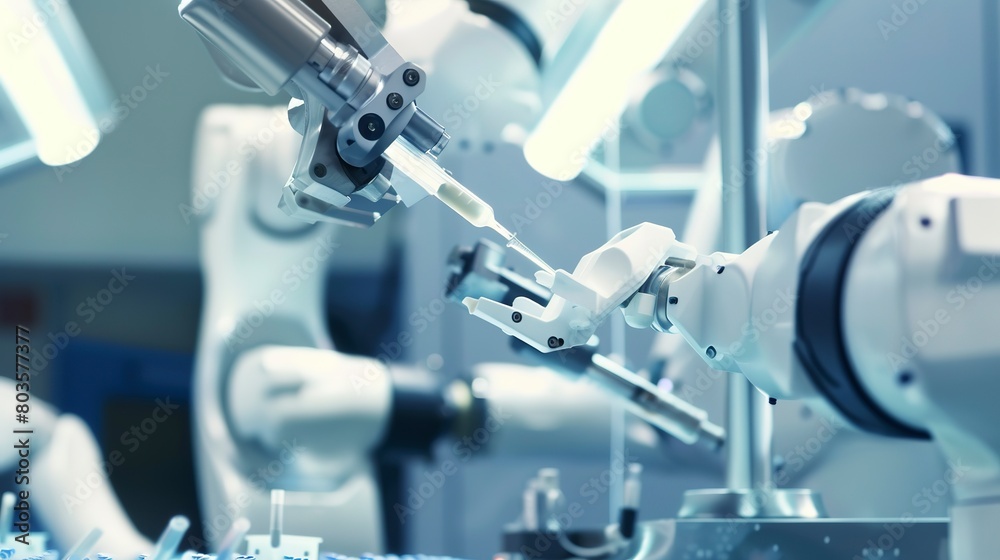 Close-up of a robotic arm handling delicate drug implants, precise movements, controlled environment Close-up of a robotic arm handling delicate drug implants, precise movements, controlled environment