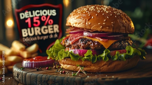 A very delicious big burger with a dark background. For use as a fast food banner or flyer design.