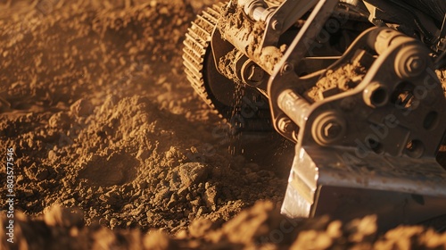Close-up of a hydraulic excavator bucket digging into earth, detailed dirt and mechanical action 