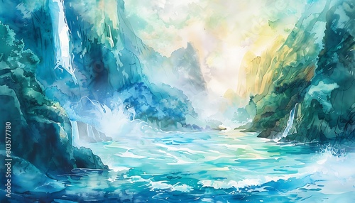 watercolor illustration of a beautiful view of a waterfall flowing into the sea