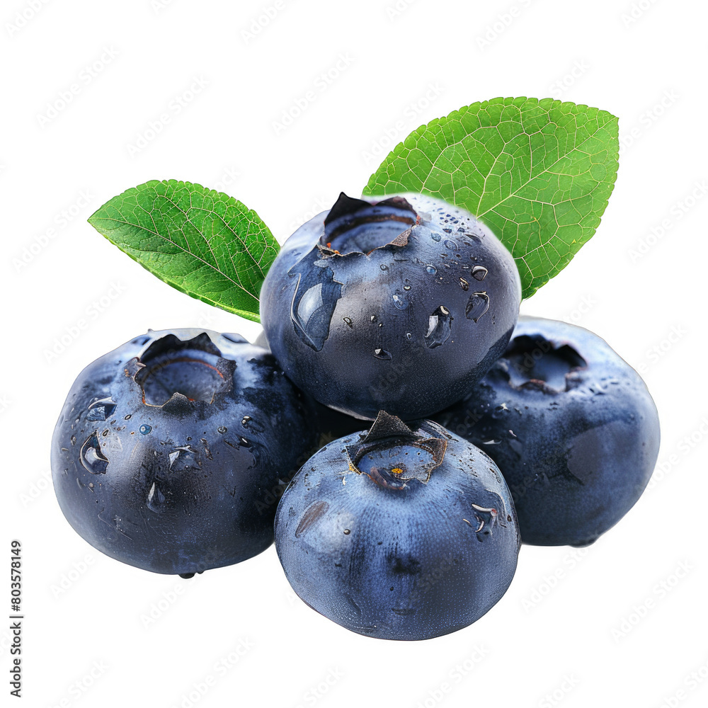 A bunch of blueberries with green leaves on top A bunch of blueberries with green leaves on top