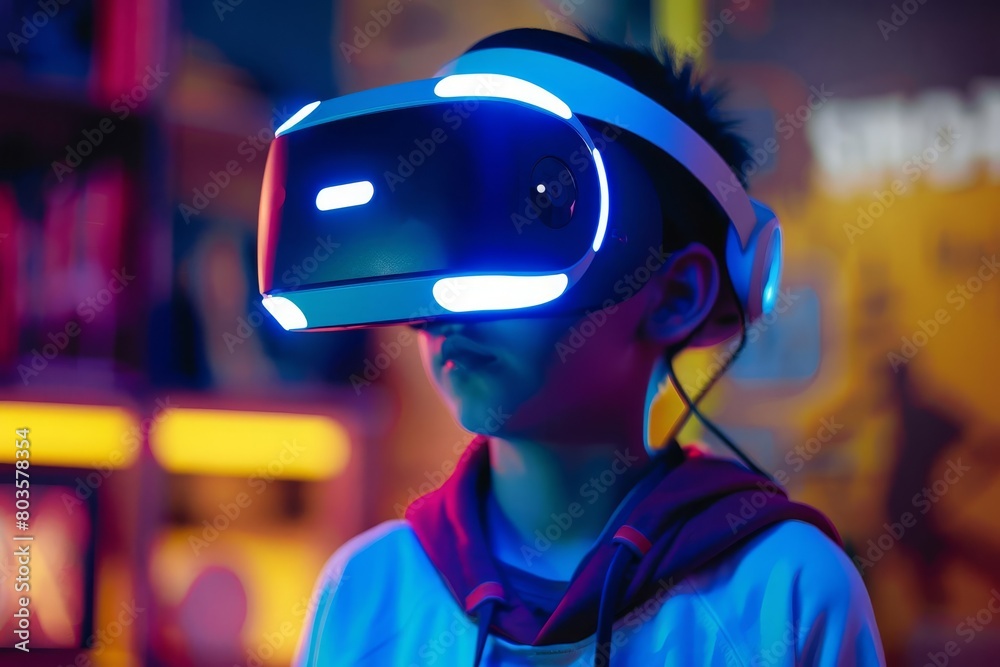 teenage boy wearing vr headset immersed in virtual reality gaming experience teenage boy wearing vr headset immersed in virtual reality gaming experience