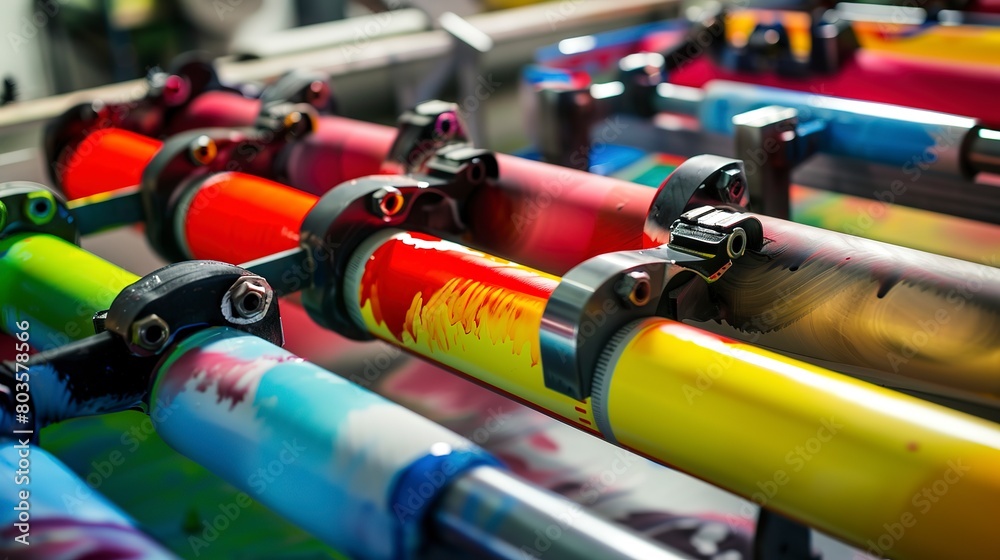 Ink application on a printing press, close-up, detailed rollers and vibrant colors 