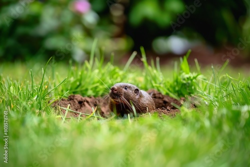 A vole is digging a new hill in the green lawn.