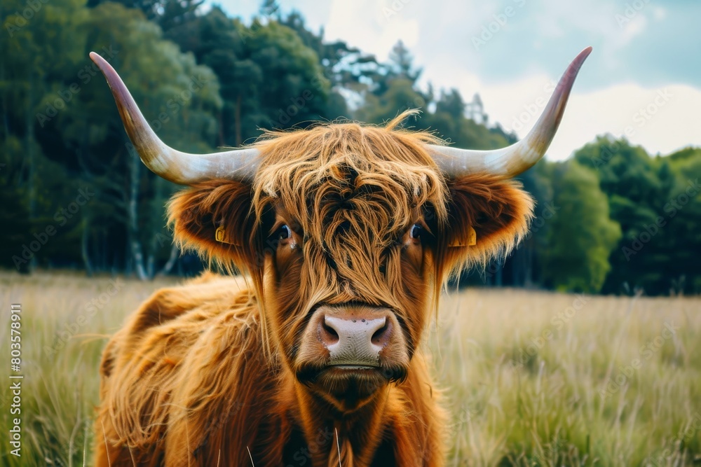 Close up portrait of a highland cow on a meadow. Close up portrait of a highland cow on a meadow.