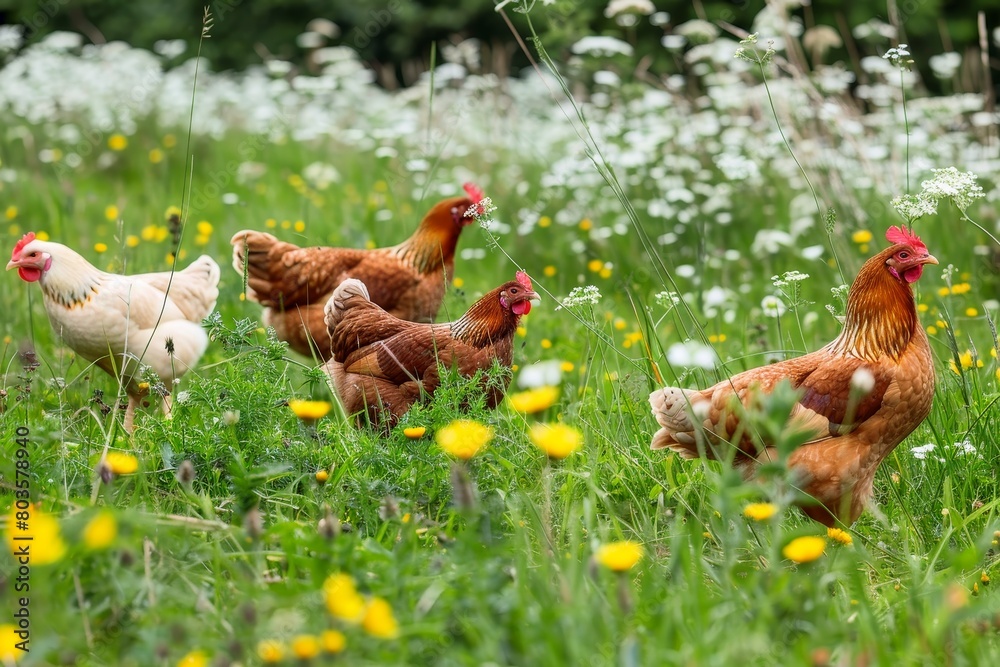 Fototapeta premium Free range chickens mainly in brown color in a gren meadow.