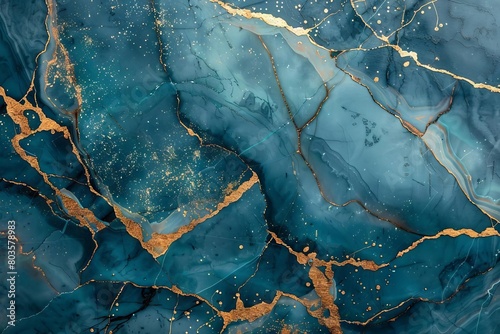 turquoise blue marble background with thin gold lines and drops luxurious abstract texture