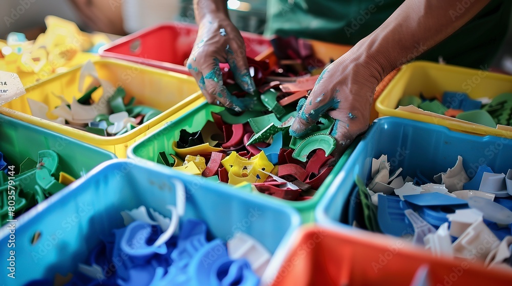 Recycled plastics being sorted by color and type, close-up, detailed bins and sorting process 