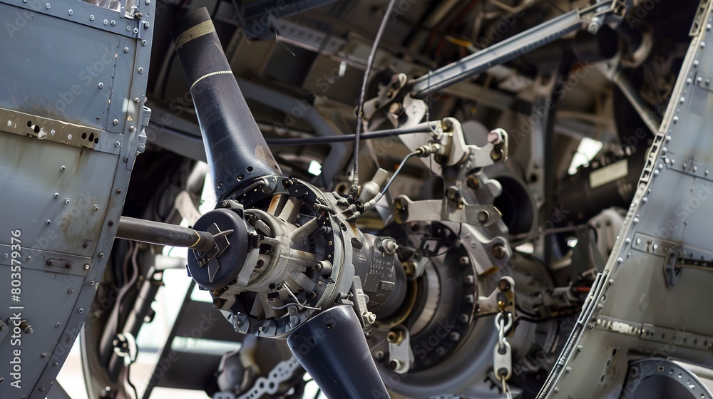 Helicopter rotor assembly, close-up, detailed gears and linkage under inspection Helicopter rotor assembly, close-up, detailed gears and linkage under inspection