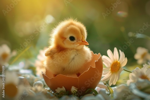 Chick in eggshell, nature backdrop