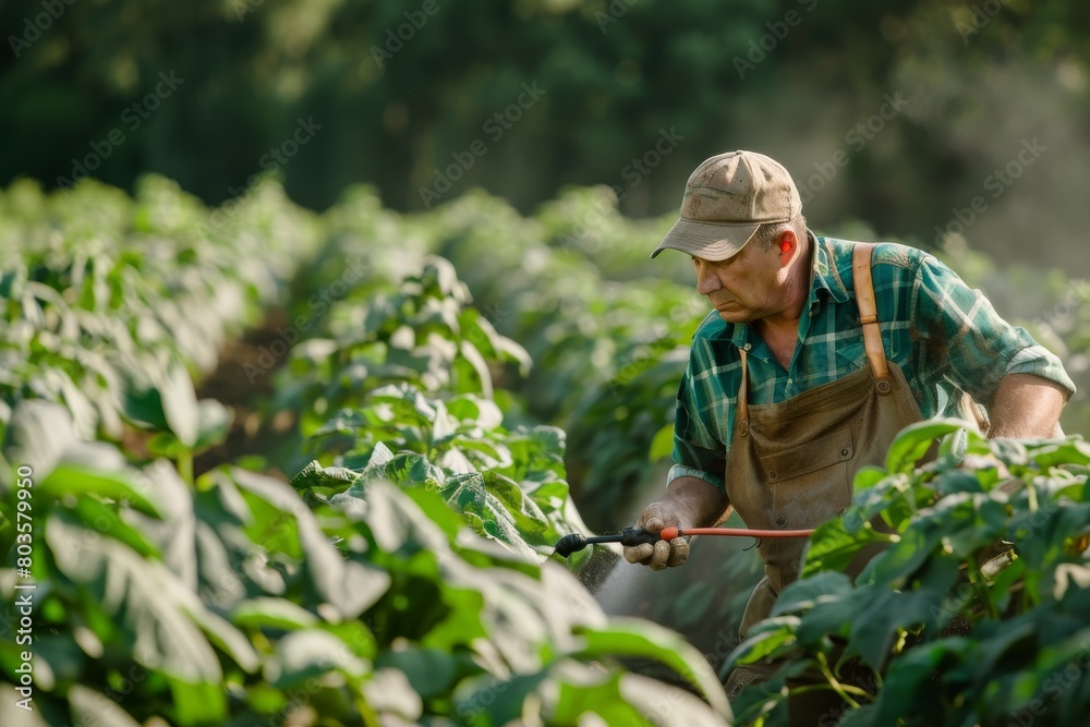 Farmer cultivating field with hand sprayer