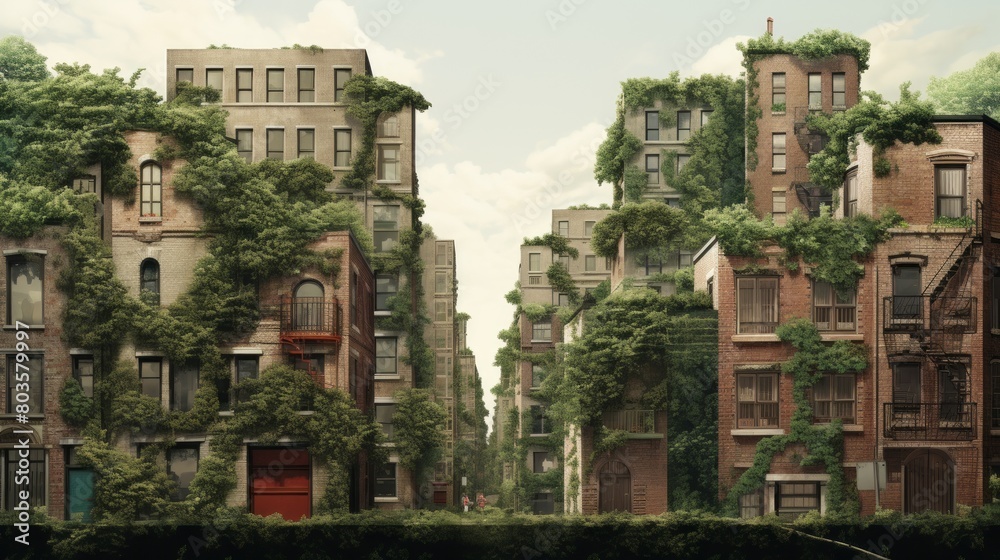 A cityscape with a green wall and a green roof. The buildings are old and abandoned. Urban greening concept.