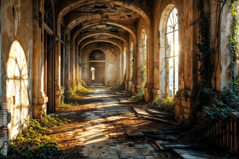Sunlight through the window in an old abandoned building with trees and plants