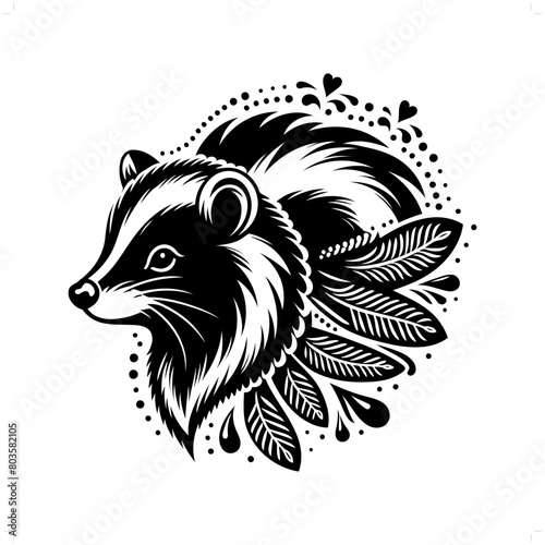 Skunk silhouette in bohemian, boho, nature illustration