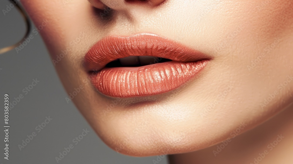 Obraz premium Close-up of a woman's lips with a soft, natural makeup look
