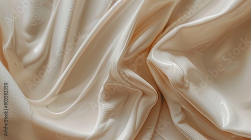 Close-up of a luxurious, soft, beige silk fabric with a lustrous sheen. photo