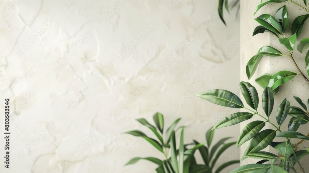 White wall with a green plant, copy space White wall with a green plant, copy space