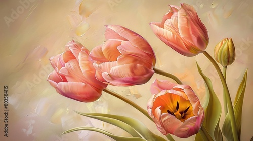 Three-dimensional oil painting style Four pink orange tulips  and three very small flower buds  the branches are yellow-green  with pink petals floating around  oil painting beige background  