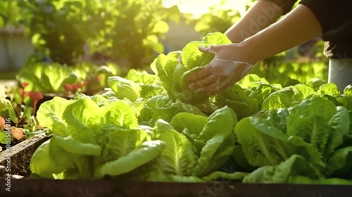 Close-up of woman's hand planting fresh lettuce in vegetable garden