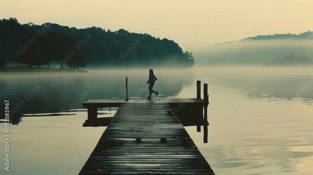 Silhouette of woman running on a wooden dock towards a lake