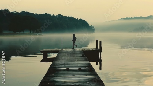 Silhouette of woman running on a wooden dock towards a lake photo