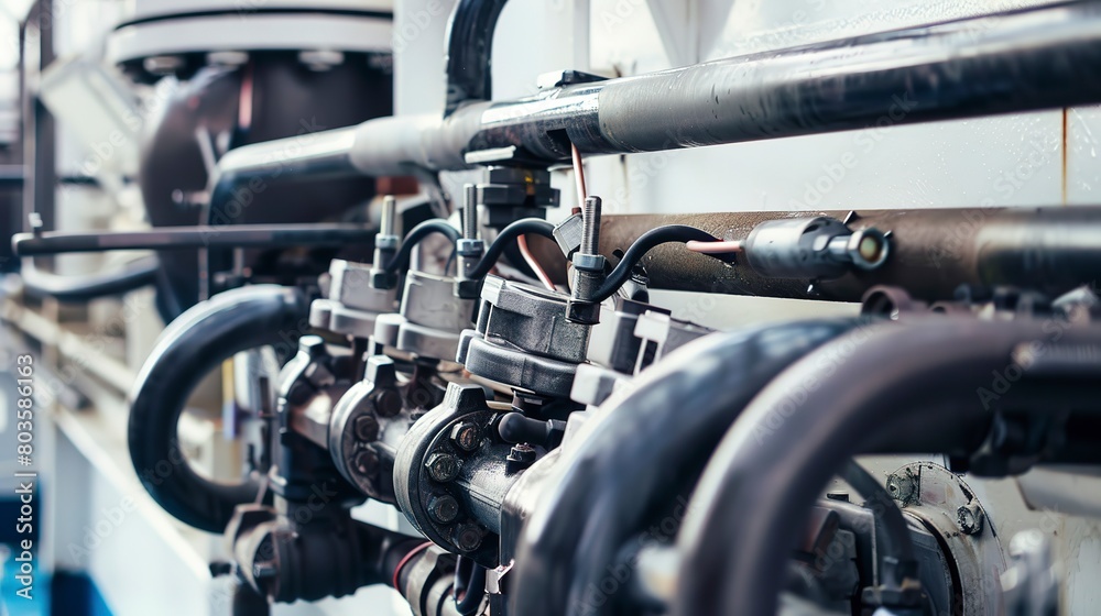 Close-up of hydraulic systems being installed in a ship, detailed pipes and fittings