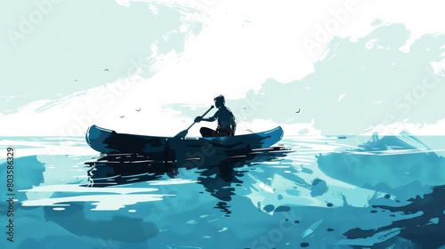 Illustration of man paddling on a canoe lost in the sea, abstract solitude concept. Illustration