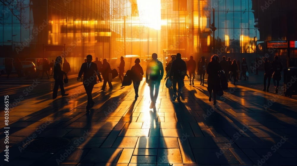 Silhouettes of commuters walking in the city on the sidewalk